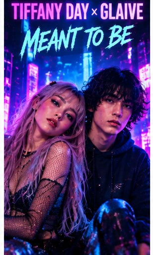 Tiffany Day and glaive illuminated by electric violet and cyan neon lights.