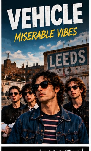 Leeds garage-rock quartet Vehicle in sunglasses standing before urban brick buildings.
