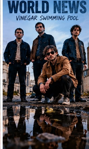 British indie-rock quartet World News posing in denim jackets above rain puddle reflections.