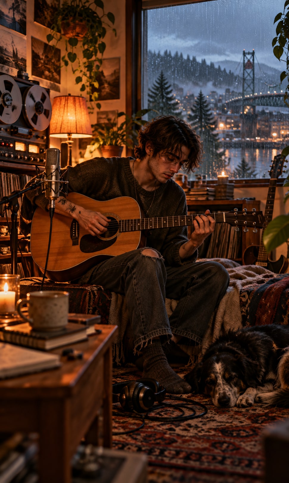 Musician playing acoustic guitar in a cozy room by a rainy Pacific Northwest window for Rearrange My Mind.