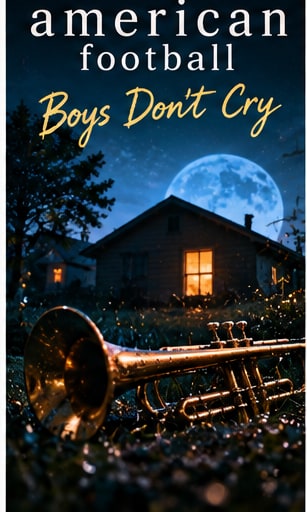 A golden trumpet resting in grass before the iconic American Football house under a moonlit sky for Boys Don't Cry.