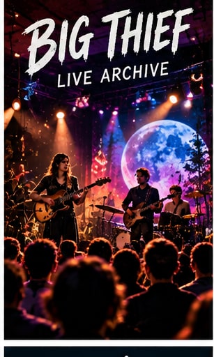 Big Thief performing live on stage beneath glowing concert lights and a full moon for their Live Archive.