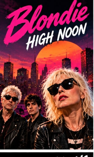 Debbie Harry and Blondie band members posing against a neon cityscape for High Noon and Spectral Eyes.