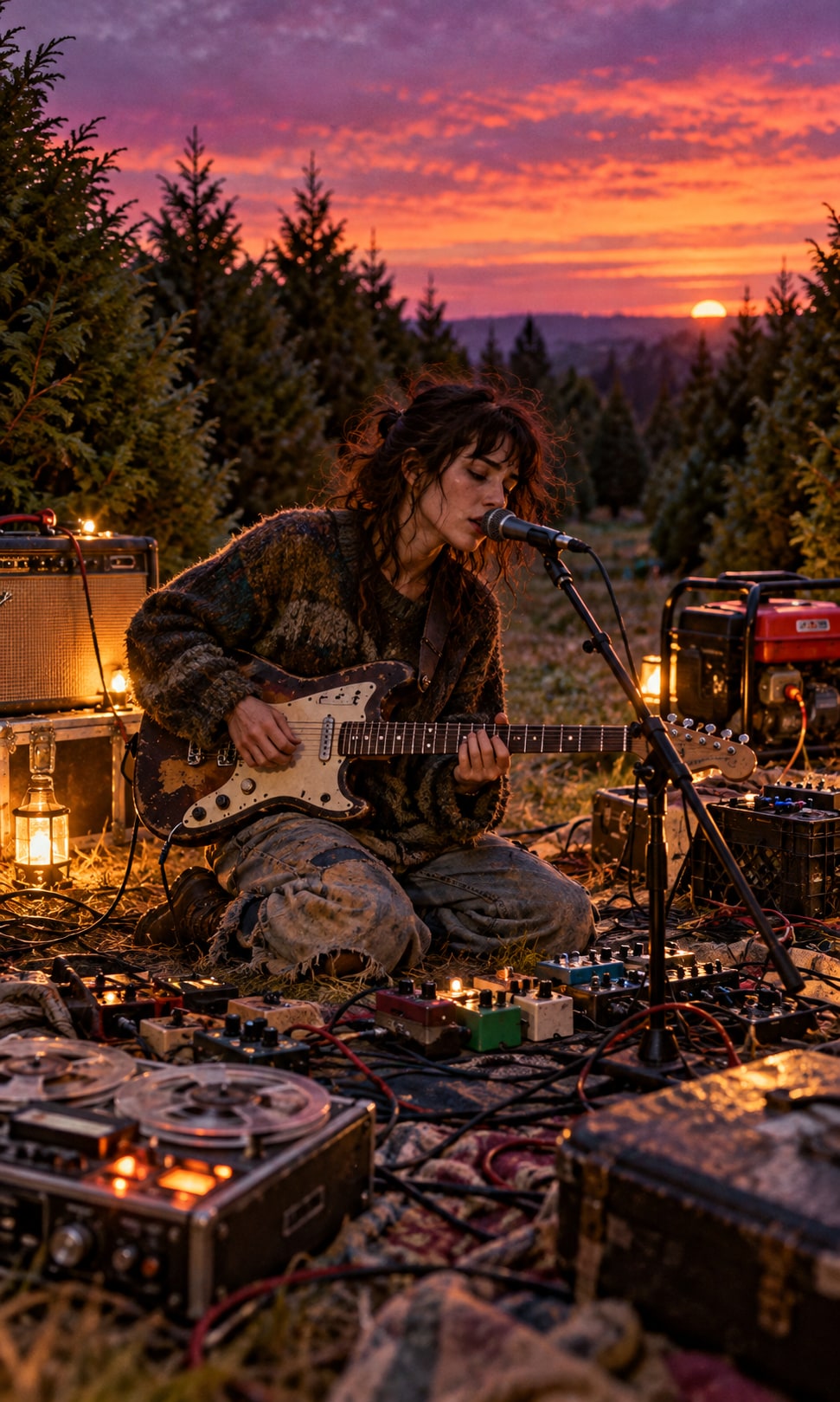 Catherine Elicson performing guitar surrounded by pedals, tape machines, and pine trees at sunset for I'm On Fire.