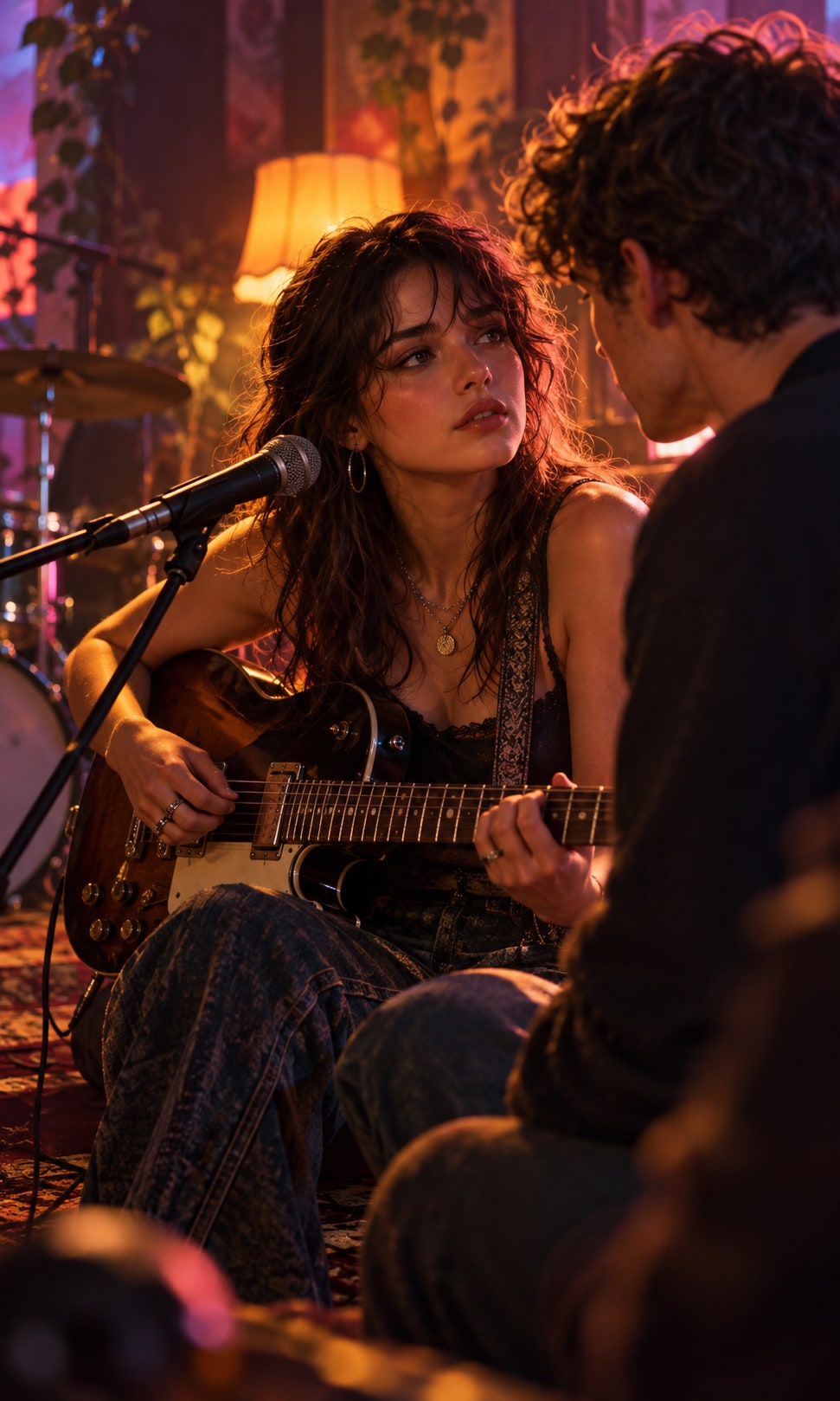 Duxie Franklin playing guitar sharing an intimate, intense look with a bandmate during rehearsal for I Feel You.