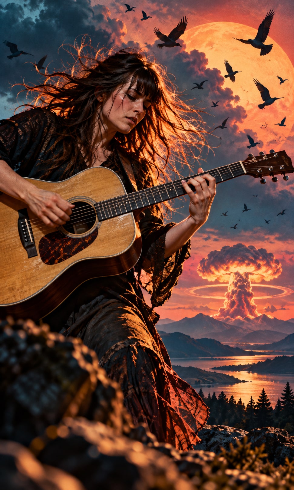 Acoustic fingerstyle guitarist playing beneath flying birds and a dramatic atomic sky for Bird Songs for Atomic Skies.