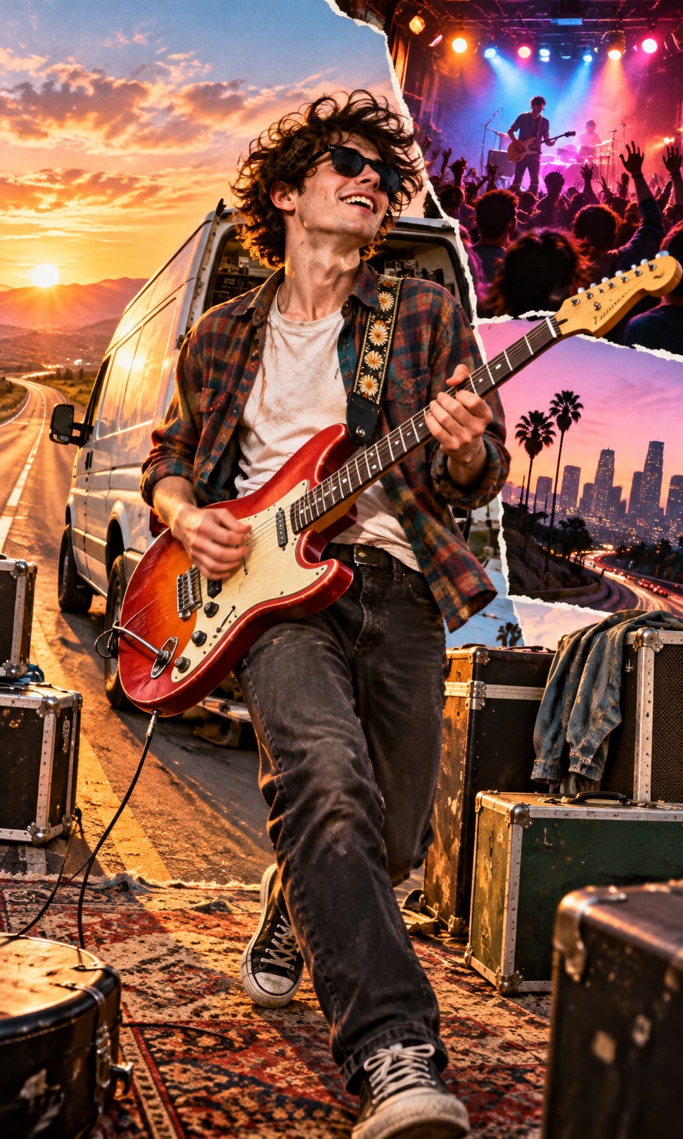 Power-pop guitarist playing an electric guitar beside an indie tour van on a highway for outontouragain.