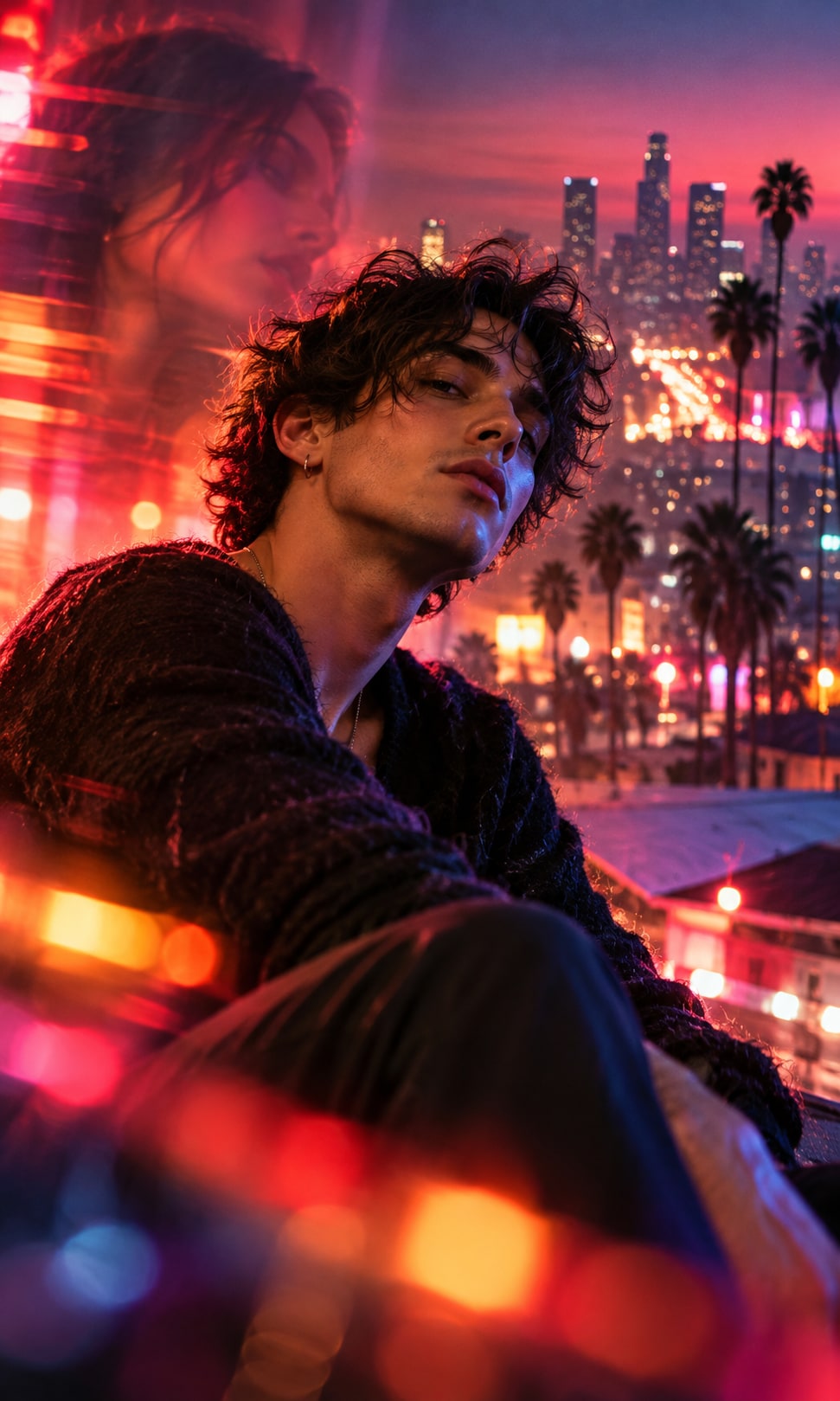 Moody portrait of John Errol overlooking a vibrant, blurred Los Angeles skyline for Like It Like That.