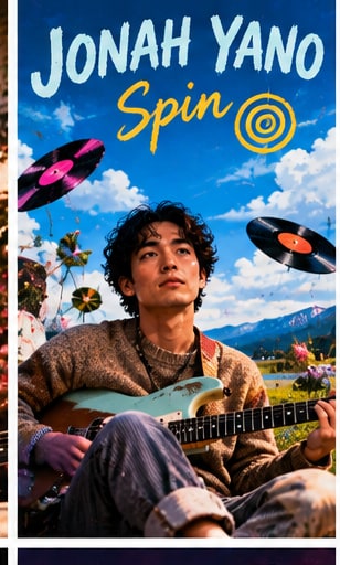 Jonah Yano playing electric guitar in front of a blue sky and floating vinyl records for Spin.