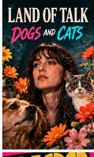 Lizzie Powell of Land of Talk surrounded by flowers, a dog, and a cat for Dogs and Cats.