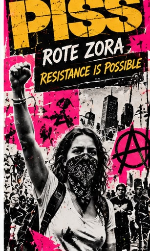 Protester with raised fist and anarchist symbols in a collage style for PISS single Rote Zora.