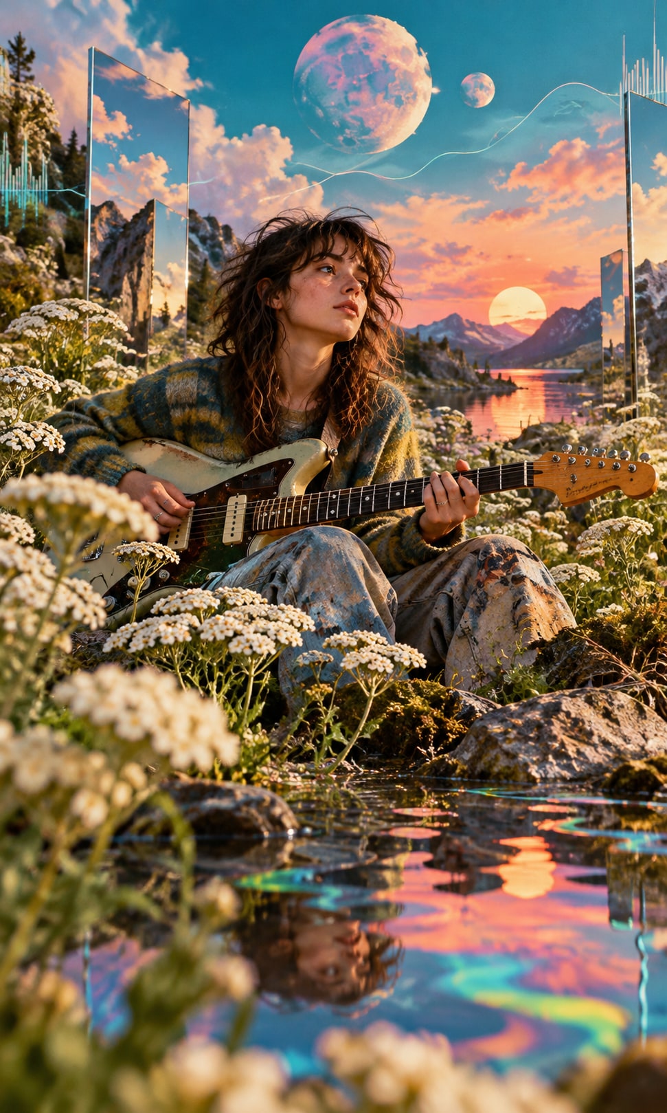 Guitarist seated amid blooming yarrow flowers reflecting over shimmering water for Yummm single Yarrow.