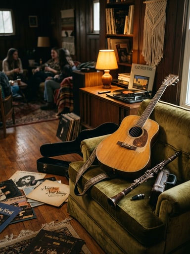 Acoustic guitar and vintage clarinet resting on an armchair amid vinyl records in a warm lamplit room for Andy Shauf's The Party.