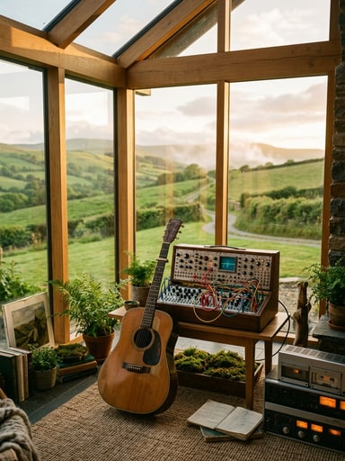 Acoustic guitar and vintage modular synthesizer overlooking rolling green Welsh countryside hills in a sunlit timber studio for Answers.