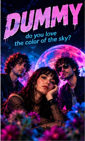 Los Angeles experimental rock band Dummy in neon pink lighting surrounded by flowers and celestial sky for do you love the color of the sky.