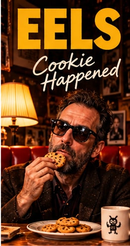 Mark Oliver Everett of Eels eating a chocolate chip cookie in a vintage diner booth for Cookie Happened.