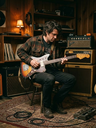 Musician in plaid jacket playing sunburst electric guitar in a warm wood-paneled Pacific Northwest studio with glowing amplifiers for Uncle.