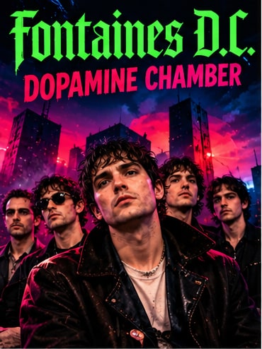 Fontaines D.C. band members under glowing neon Dopamine Chamber album title against dark city skyline.