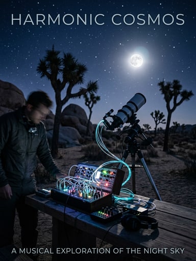 Optical telescope pointing at a glowing full moon connected via cables to a modular synthesizer at Joshua Tree observatory for The Sirens.