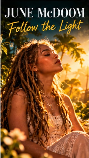 June McDoom in white lace with dreadlocks basking in golden sunlit tropical garden for debut album Follow the Light.