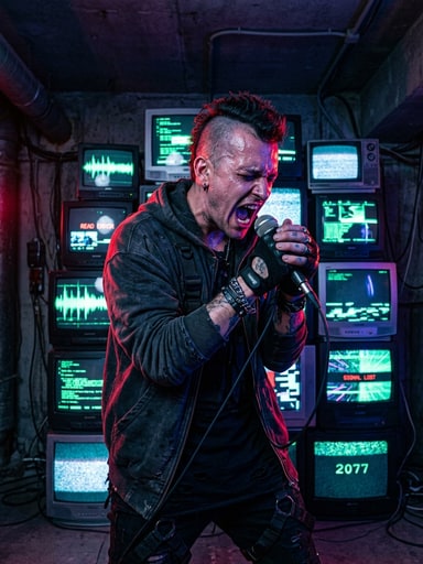 Cyberpunk street punk performer in front of a wall of glitching CRT monitors displaying waveforms under crimson and ultraviolet neon for Tomorrow's World.