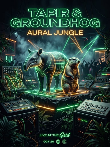 Retro-futuristic club visual with glowing green and amber neon gridlines, drum machines, and animal silhouettes for Majestic Animals.