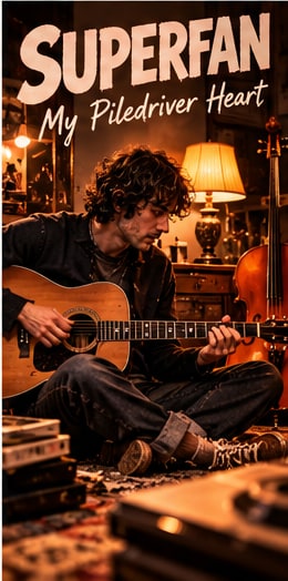 Kali Priya Flanagan playing acoustic guitar seated on a rug beside a cello and warm lamp for Superfan's My Piledriver Heart.