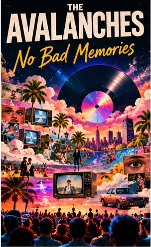 Surreal colorful collage featuring a giant vinyl record, CRT televisions, and festival crowd for The Avalanches' No Bad Memories.