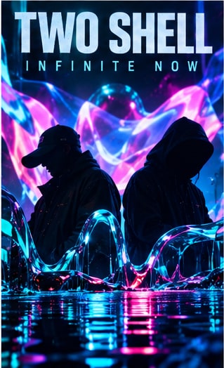 Enigmatic London electronic duo Two Shell in dark hooded silhouettes standing in iridescent liquid waves under neon light for Infinite Now.