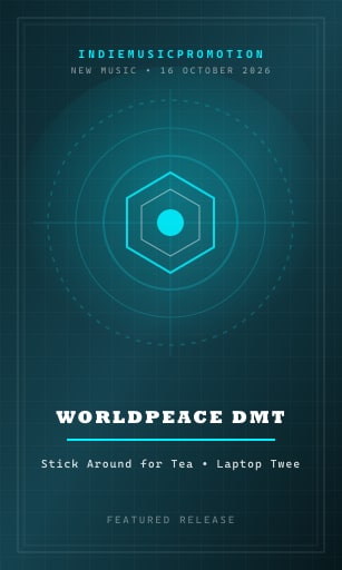 Laptop-twee indie pop editorial artwork celebrating Worldpeace DMT's album Stick Around for Tea.