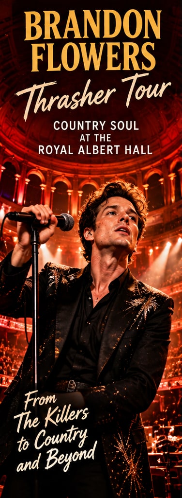 Brandon Flowers performing live at London's Royal Albert Hall in sparkling jacket for his solo Thrasher tour.