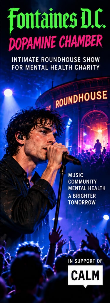 Grian Chatten singing at London's Roundhouse under blue stage lighting for CALM mental health charity concert.