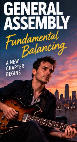 Ryan David Roberts of General Assembly playing guitar on a rooftop against sunset city skyline for Fundamental Balancing.