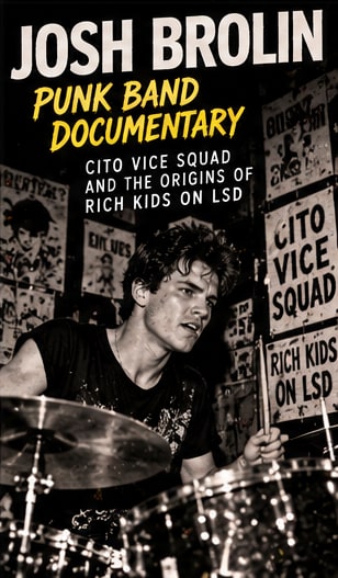 Monochrome archival portrait of young Josh Brolin drumming behind flyers for punk band documentary Cito Vice Squad.