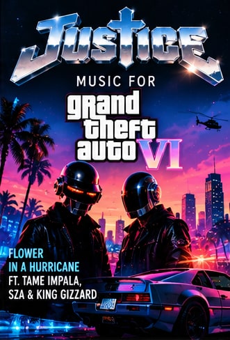 French electronic duo Justice standing beside sports car in neon Vice City skyline for Grand Theft Auto VI dynamic score.