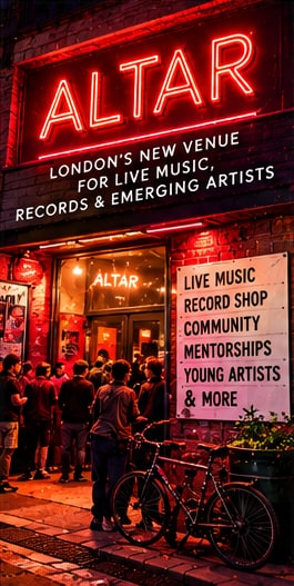 Glowing red neon Altar sign and entrance of Leytonstone independent music venue and record shop.