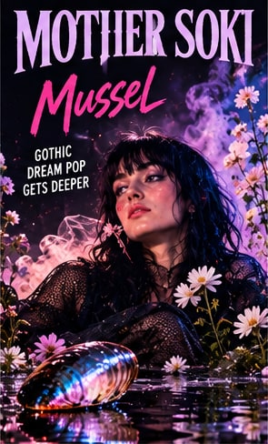 Mother Soki in black gothic lace surrounded by white flowers and an iridescent seashell under pink neon Mussel lettering.