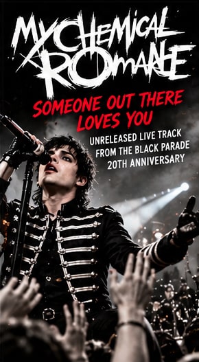 Gerard Way performing in black marching jacket under dramatic concert spotlights for Someone Out There Loves You.