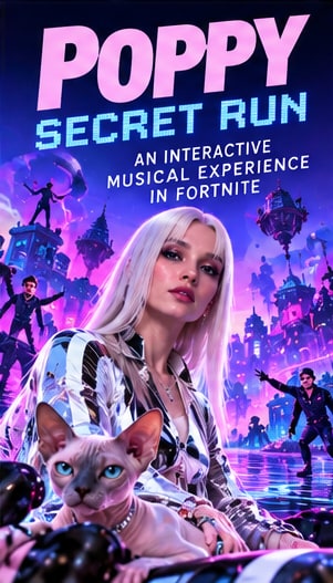 Poppy and her sphynx cat Pi in a surreal neon purple virtual world for Fortnite musical experience Secret Run.
