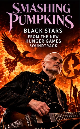 Billy Corgan of Smashing Pumpkins with guitar against blazing orange Hunger Games mockingjay backdrop for Black Stars.