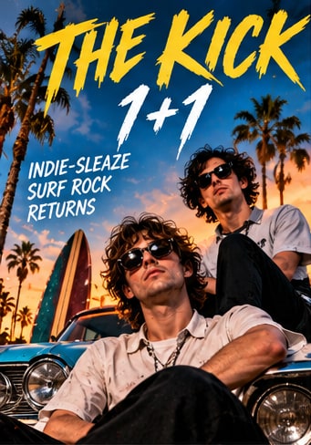 Californian duo The Kick in sunglasses posing with a vintage car and surfboards under yellow neon 1+1 title.