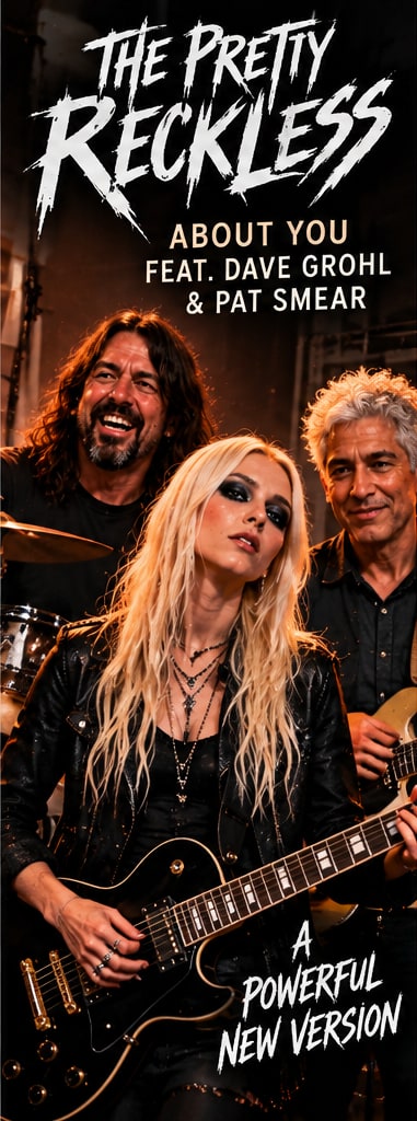 Taylor Momsen with black electric guitar alongside Dave Grohl and Pat Smear for new version of About You.