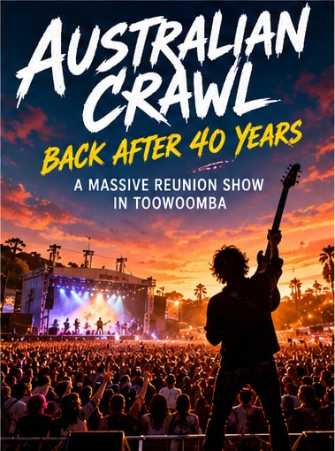 Silhouetted guitarist on festival stage before huge crowd at sunset for Australian Crawl 40-year reunion concert in Toowoomba.