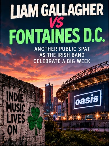 Oasis stadium logo and Irish indie rock shamrock poster illustrating Liam Gallagher and Fontaines D.C. public spat.