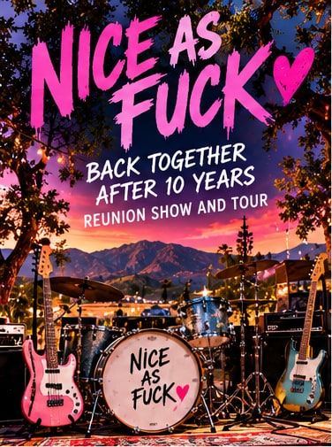 Nice As Fuck band drum kit and instruments under pink neon sign for Ojai Deer Lodge reunion show.
