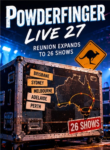 Tour flight case stenciled with Australian cities and 26 shows sign for Powderfinger Live 27 reunion tour.