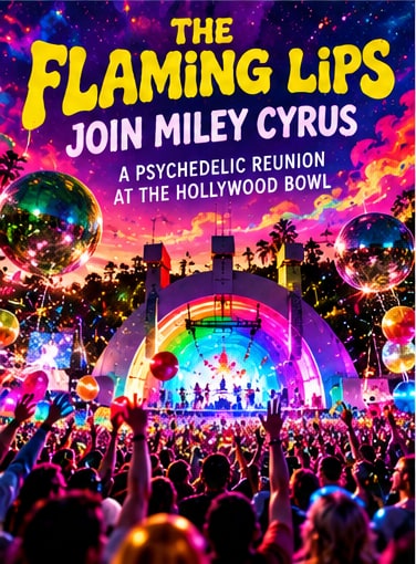 Hollywood Bowl rainbow stage and crowd celebration as Wayne Coyne joins Miley Cyrus for psychedelic performance.