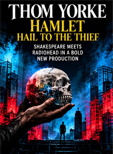 Theatrical poster for Thom Yorke's Hamlet Hail to the Thief production featuring a skull against moody urban skyline.