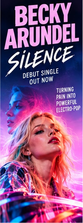 Portrait of British singer Becky Arundel bathed in neon magenta and violet light for debut electro-pop single Silence.