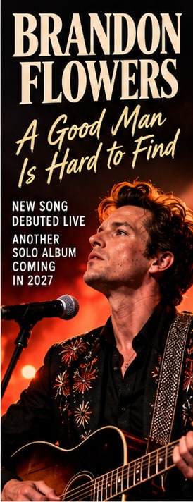 The Killers frontman Brandon Flowers performing live with acoustic guitar at microphone for A Good Man Is Hard to Find.
